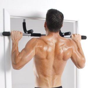 Man Using Iron Gym Workout Bar At Home