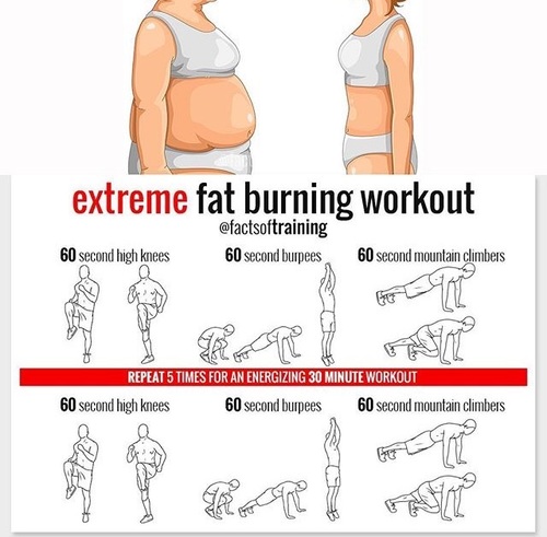 Extreme fat-burning workout with high knees, burpees and mountain climbers.